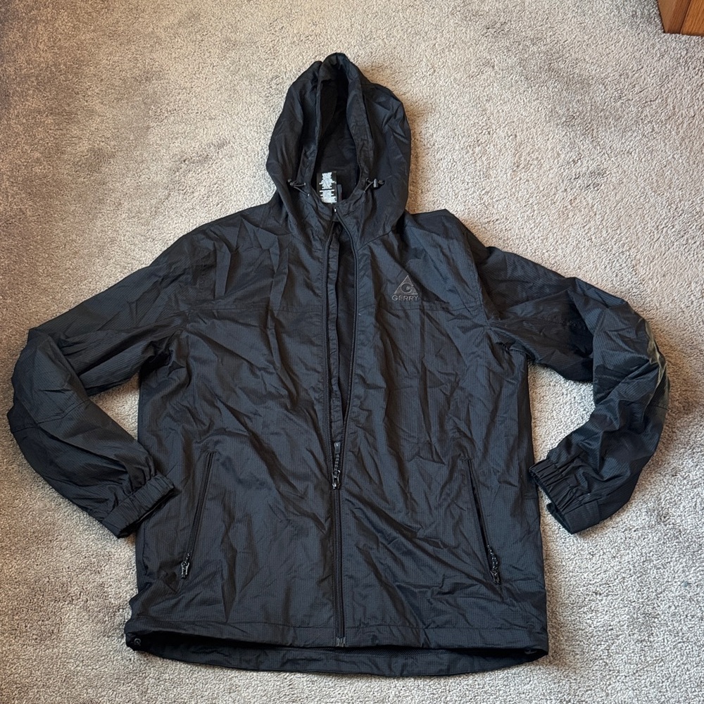 Gerry Black Lightweight Hooded Full Zip Windbreaker Rain Jacket SIZE M
